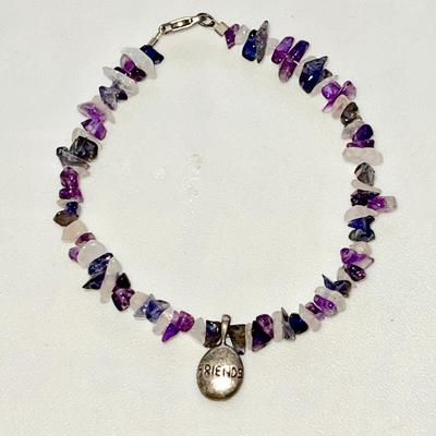 LOT 122  AMETHYST & QUARTZ CHIPS FRIENDSHIP BRACEL STERLING CHARM