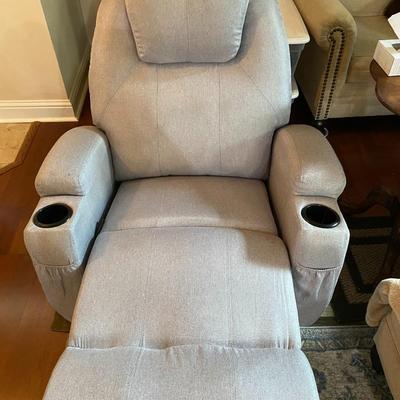 Gray fabric upholstered rocker recliner