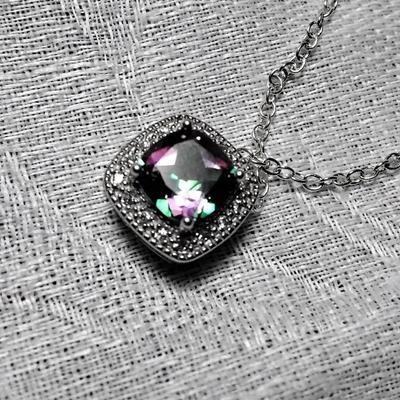 Large Gorgeous Mystic Topaz With White Sapphire Accents 925 16" Necklace