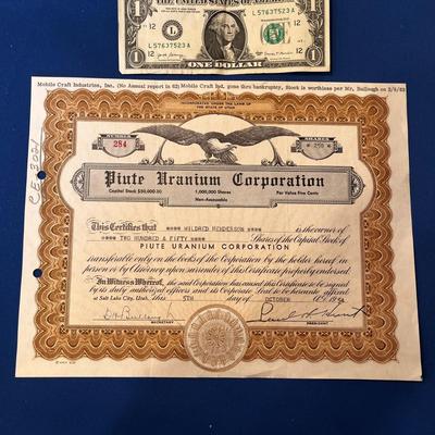 PIUTE URANIUM STOCK CERTIFICATE