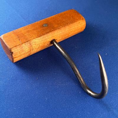 ANTIQUE MEAT HOOK WOOD HANDLE