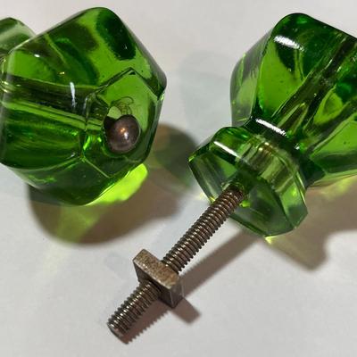 ANTIQUE GREEN GLASS DRAWER KNOBS x 5