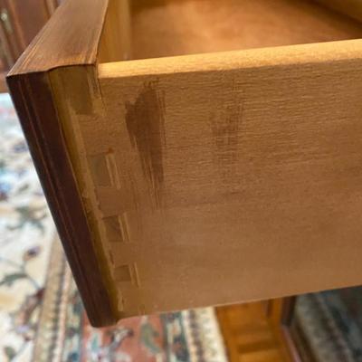 All wood vintage Heckman lighted storage sofa cabinet