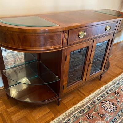 All wood vintage Heckman lighted storage sofa cabinet