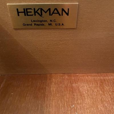 All wood vintage Heckman lighted storage sofa cabinet
