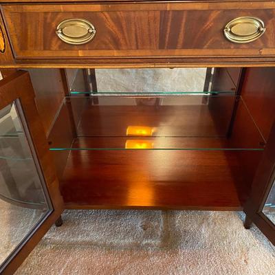 All wood vintage Heckman lighted storage sofa cabinet