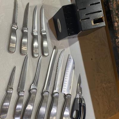 Set of Ginsu knives in knife block