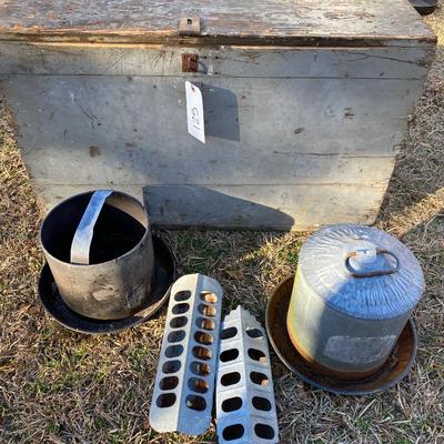 Vintage Chicken Feeder/Wooden Box Lot