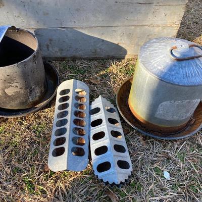 Vintage Chicken Feeder/Wooden Box Lot
