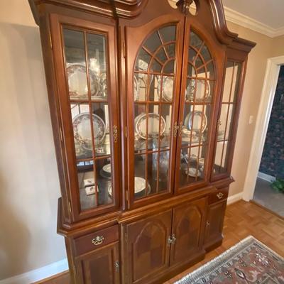 Solid wood, vintage triple lighted china cabinet