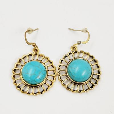 GOLD TONED FAUX TURQUOISE HANGING EARRINGS