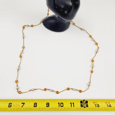 CUTE GOLD TONED & AMBER / PEARL COLORED NECKLACE