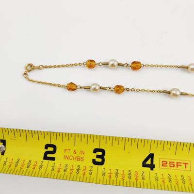 CUTE GOLD TONED & AMBER / PEARL COLORED NECKLACE