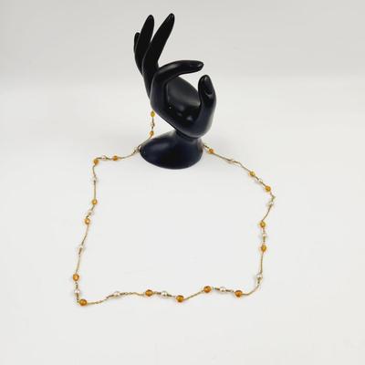 CUTE GOLD TONED & AMBER / PEARL COLORED NECKLACE