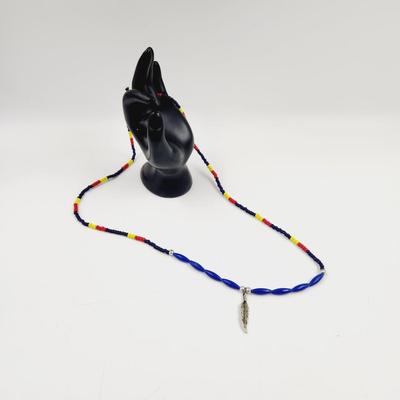 NATIVE STYLE BEADED NECKLACE W/ METAL FEATHER