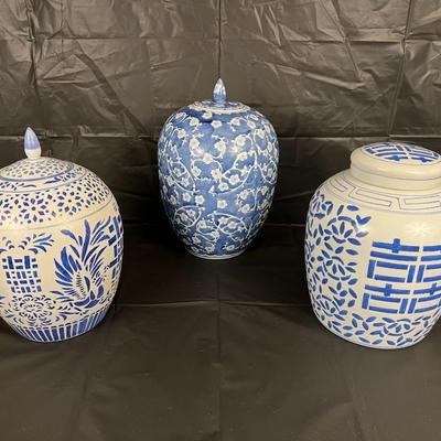 Lot of 3 Vintage Chinese Blue and White Glazed Lidded Vessels