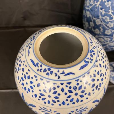 Lot of 3 Vintage Chinese Blue and White Glazed Lidded Vessels