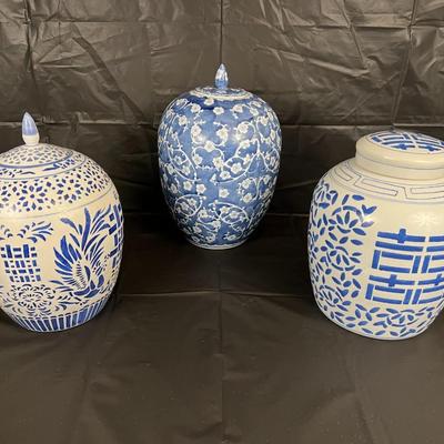 Lot of 3 Vintage Chinese Blue and White Glazed Lidded Vessels