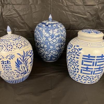 Lot of 3 Vintage Chinese Blue and White Glazed Lidded Vessels