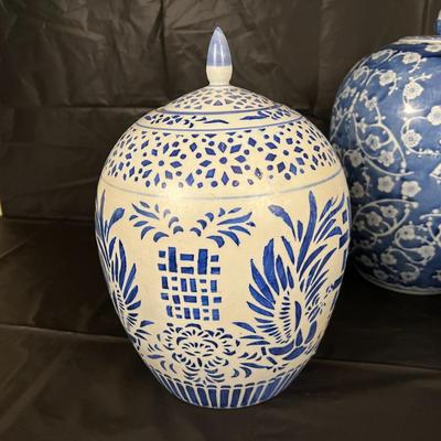 Lot of 3 Vintage Chinese Blue and White Glazed Lidded Vessels