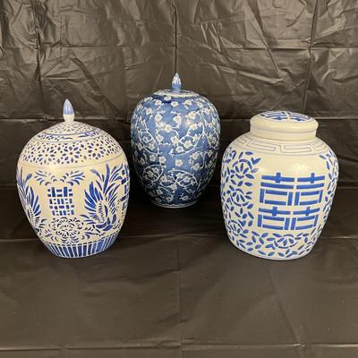 Lot of 3 Vintage Chinese Blue and White Glazed Lidded Vessels