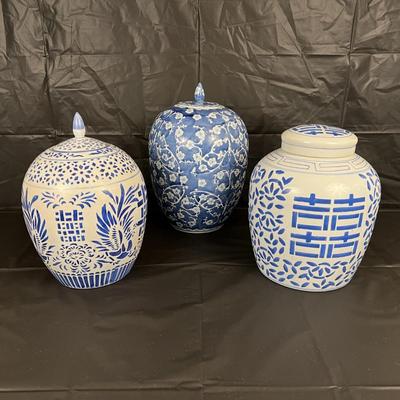 Lot of 3 Vintage Chinese Blue and White Glazed Lidded Vessels
