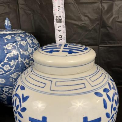 Lot of 3 Vintage Chinese Blue and White Glazed Lidded Vessels