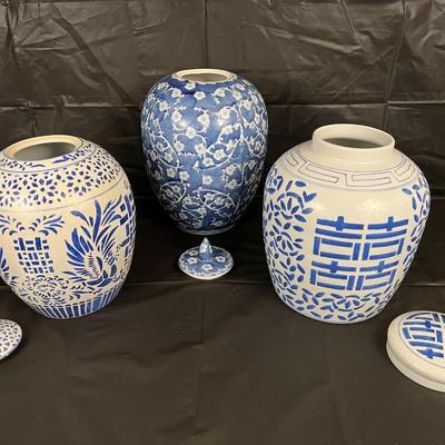Lot of 3 Vintage Chinese Blue and White Glazed Lidded Vessels
