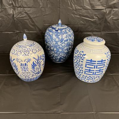 Lot of 3 Vintage Chinese Blue and White Glazed Lidded Vessels