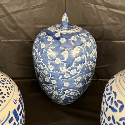 Lot of 3 Vintage Chinese Blue and White Glazed Lidded Vessels