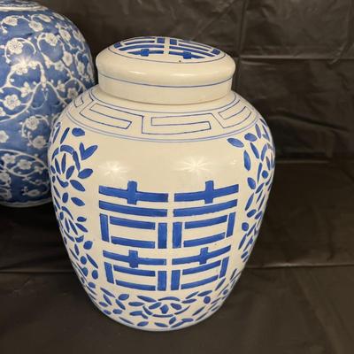 Lot of 3 Vintage Chinese Blue and White Glazed Lidded Vessels