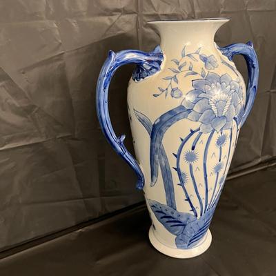 Beautiful Bombay China Blue and White Glazed Amphorae Vase with Handles