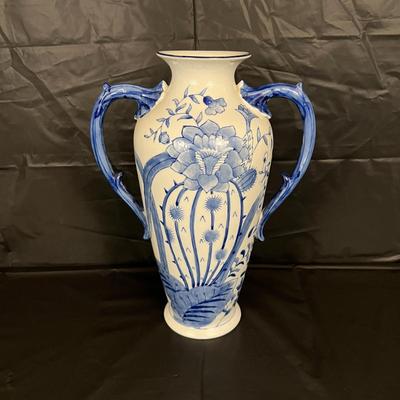 Beautiful Bombay China Blue and White Glazed Amphorae Vase with Handles