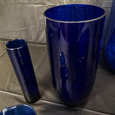 Lot of 6 Cobalt Blue Glass Vases, Bowl, Bottle and Pitcher