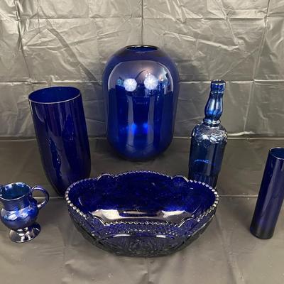 Lot of 6 Cobalt Blue Glass Vases, Bowl, Bottle and Pitcher