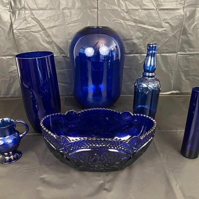 Lot of 6 Cobalt Blue Glass Vases, Bowl, Bottle and Pitcher