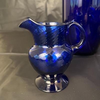 Lot of 6 Cobalt Blue Glass Vases, Bowl, Bottle and Pitcher