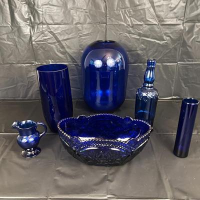 Lot of 6 Cobalt Blue Glass Vases, Bowl, Bottle and Pitcher