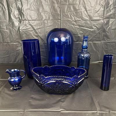 Lot of 6 Cobalt Blue Glass Vases, Bowl, Bottle and Pitcher