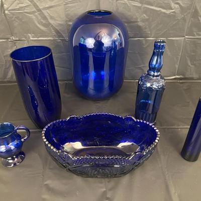 Lot of 6 Cobalt Blue Glass Vases, Bowl, Bottle and Pitcher