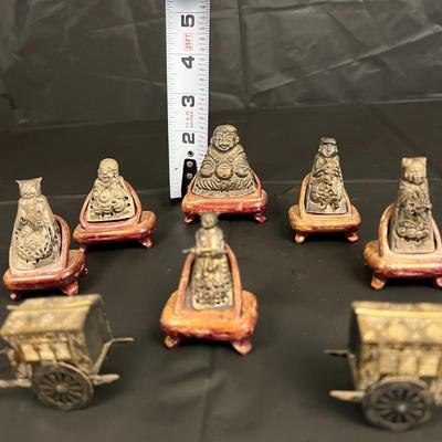 Lot of 6 Vintage Asian Metal Figurines on Wood Stands with 2 Carriages