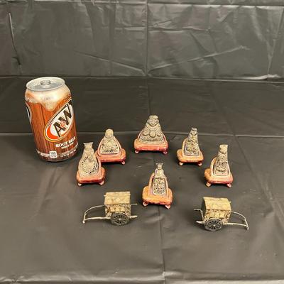 Lot of 6 Vintage Asian Metal Figurines on Wood Stands with 2 Carriages