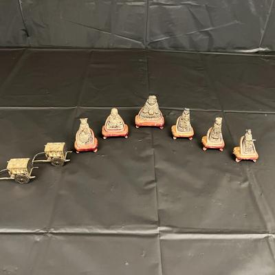 Lot of 6 Vintage Asian Metal Figurines on Wood Stands with 2 Carriages