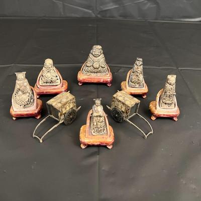 Lot of 6 Vintage Asian Metal Figurines on Wood Stands with 2 Carriages