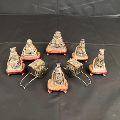 Lot of 6 Vintage Asian Metal Figurines on Wood Stands with 2 Carriages