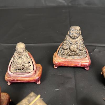 Lot of 6 Vintage Asian Metal Figurines on Wood Stands with 2 Carriages