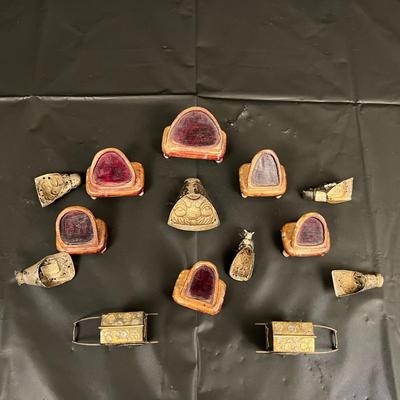 Lot of 6 Vintage Asian Metal Figurines on Wood Stands with 2 Carriages