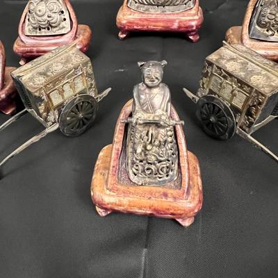 Lot of 6 Vintage Asian Metal Figurines on Wood Stands with 2 Carriages
