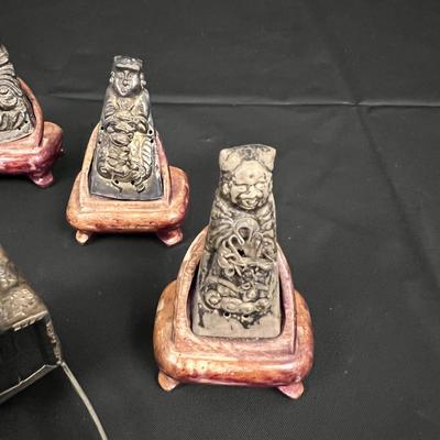 Lot of 6 Vintage Asian Metal Figurines on Wood Stands with 2 Carriages