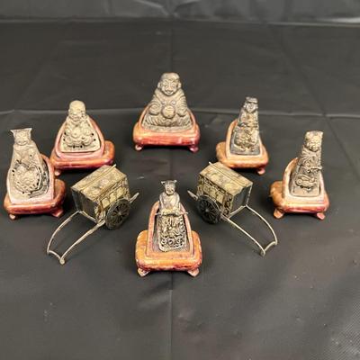 Lot of 6 Vintage Asian Metal Figurines on Wood Stands with 2 Carriages
